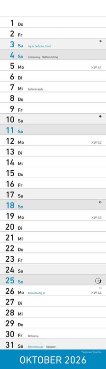 Produktbild: Streifenplaner Mini BLAU 2026 - Streifenkalender - Wandplaner - Küchen-Kalender - 9,5x33