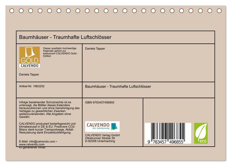 Produktbild: Baumh&auml;user - Traumhafte Luftschl&ouml;sser (Tischkalender 2026 DIN A5 quer), CALVENDO Monatskalender
