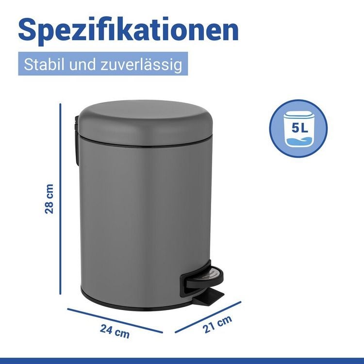 Produktbild: Kosmetik Treteimer Mod. Leman Grau Matt 5L, mit herausnehmbarem Einsatz