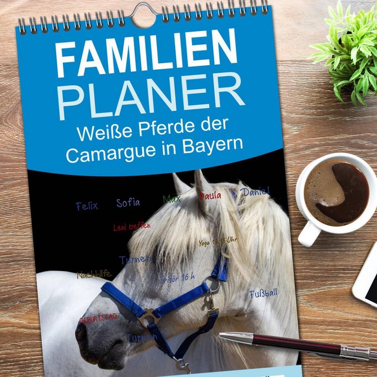 Produktbild: Familienplaner 2026 - Wei&szlig;e Pferde der Camargue in Bayern mit 5 Spalten (Wandkalender, 21 x 45 cm) CALVENDO