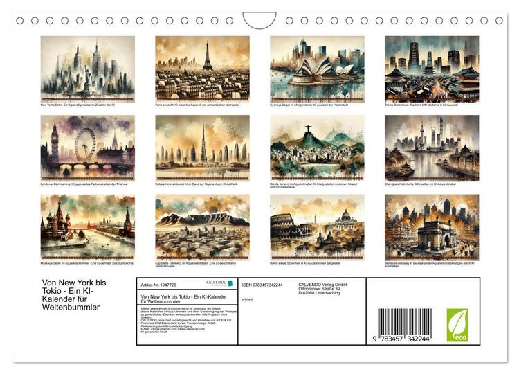 Produktbild: Von New York bis Tokio - Ein KI-Kalender f&uuml;r Weltenbummler (Wandkalender 2026 DIN A4 quer), CALVENDO Monatskalender