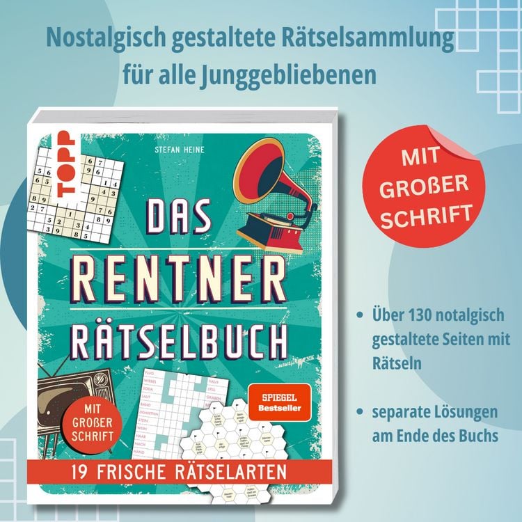 Produktbild: Das Rentner-R&auml;tselbuch &ndash; 19 frische R&auml;tselarten mit Nostalgie-Effekt.