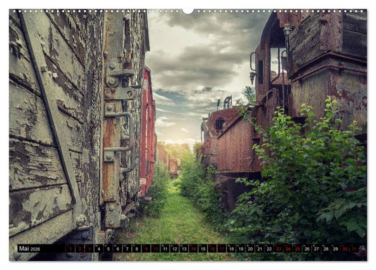 Produktbild: Lokomotiven und Wagen - Verfallen und vergessen auf dem Abstellgleis (hochwertiger Premium Wandkalender 2026 DIN A2 quer), Kunstdruck in Hochglanz
