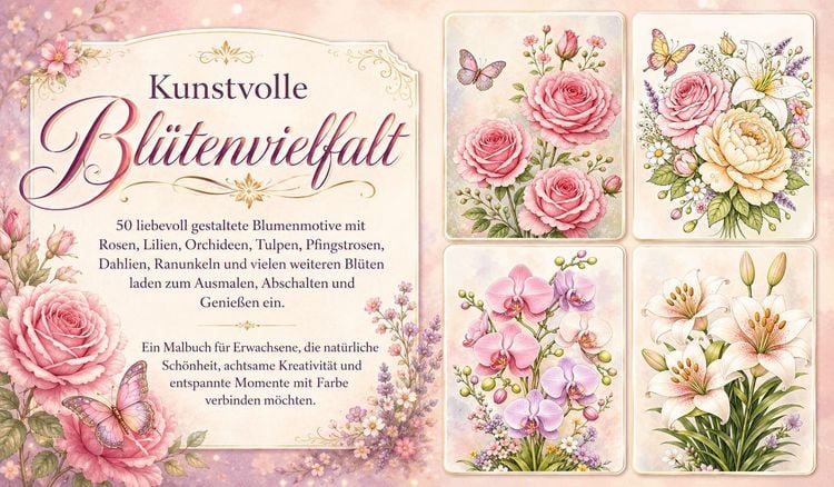 Produktbild: Blumen Malbuch f&uuml;r Erwachsene mit 50 sch&ouml;nen Ausmalmotiven