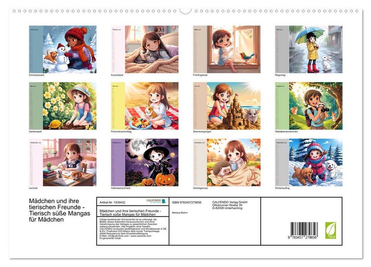 Produktbild: M&auml;dchen und ihre tierischen Freunde - Tierisch s&uuml;&szlig;e Mangas f&uuml;r M&auml;dchen (hochwertiger Premium Wandkalender 2026 DIN A2 quer), Kunstdruck in Hochglanz
