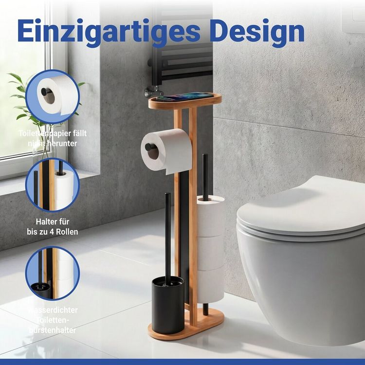 Produktbild: Stand WC-Garnitur Mod. Orea Bambus, mit Ablagefl&auml;che und Ersatzrollenhalter