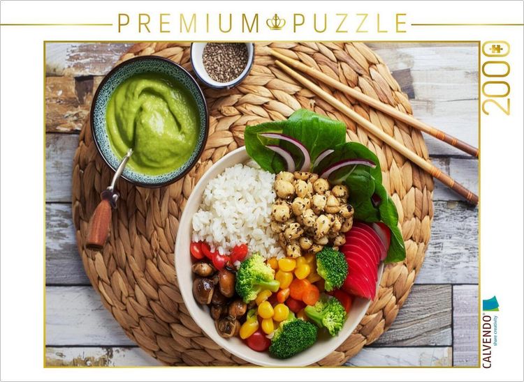 Produktbild: CALVENDO Puzzle Vegane Bowl mit Kichererbsen, Mais, Paprika, Avocadodip, Karotten, Brokkoli, rote Beete | 2000 Teile Lege-Gr&ouml;&szlig;e 90x67cm Foto-Puzzle f&uuml;