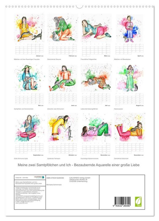 Produktbild: Meine zwei Samtpf&ouml;tchen und Ich - Bezaubernde Aquarelle einer gro&szlig;e Liebe (hochwertiger Premium Wandkalender 2026 DIN A2 hoch), Kunstdruck in Hochglanz
