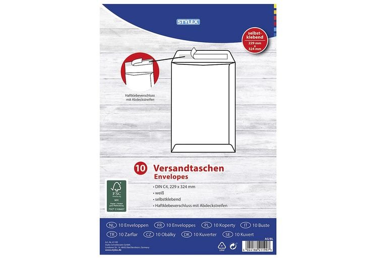 Produktbild: Stylex Versandtaschen, DIN C4, haftklebend, 10 St&uuml;ck