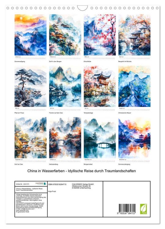 Produktbild: China in Wasserfarben - Idyllische Reise durch Traumlandschaften (Wandkalender 2026 DIN A3 hoch), CALVENDO Monatskalender