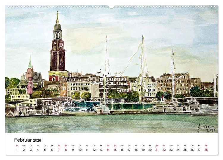 Produktbild: Hamburg in stillen Aquarellen (Wandkalender 2026 DIN A2 quer), CALVENDO Monatskalender