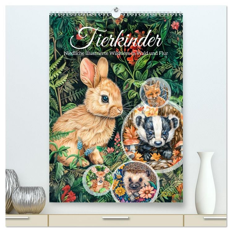 Produktbild: Tierkinder - Niedliche illustrierte Wildtiere in Wald und Flur (hochwertiger Premium Wandkalender 2026 DIN A2 hoch), Kunstdruck in Hochglanz