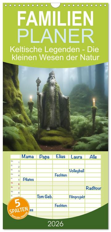 Produktbild: Familienplaner 2026 - Keltische Legenden - Die kleinen Wesen der Natur mit 5 Spalten (Wandkalender, 21 x 45 cm) CALVENDO