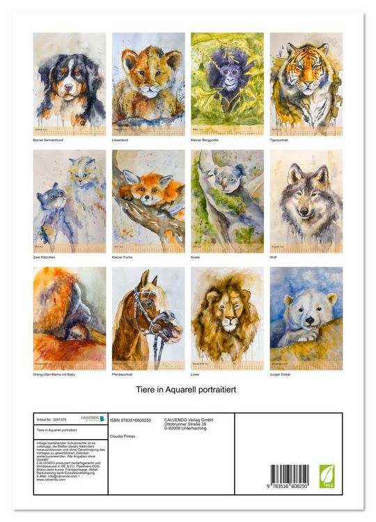 Produktbild: Tiere in Aquarell portraitiert (Wandkalender 2026 DIN A3 hoch), CALVENDO Monatskalender