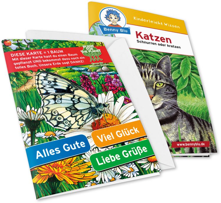 Produktbild: Benny Blu - Set Gl&uuml;ckwunschkarte Motiv Schmetterling + Wissensbuch Katzen, m. 1 Beilage
