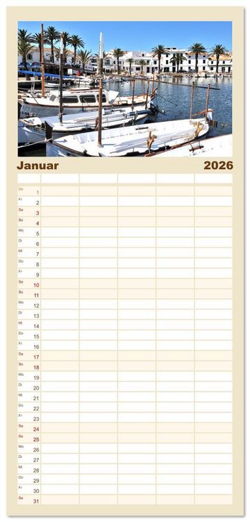 Produktbild: Familienplaner 2026 - Menorca, die sch&ouml;ne Schwester mit 5 Spalten (Wandkalender, 21 x 45 cm) CALVENDO