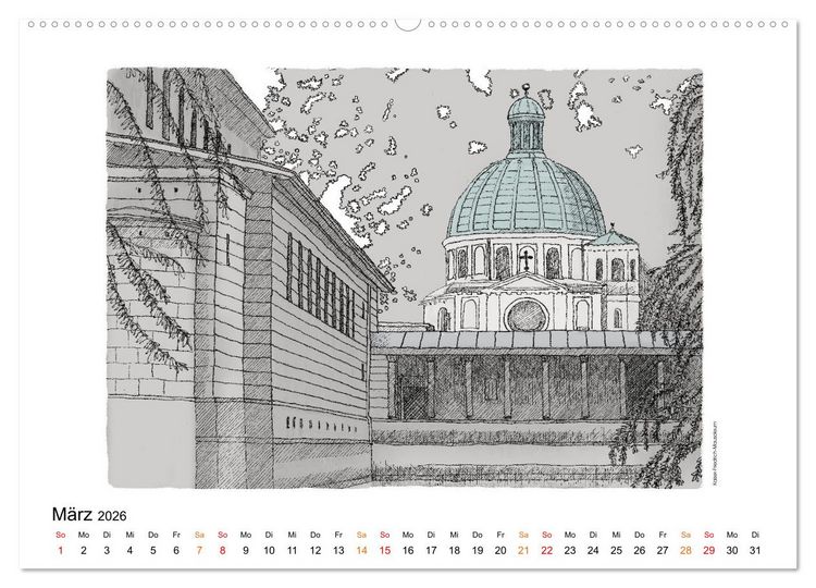 Produktbild: Potsdamer Sehensw&uuml;rdigkeiten in Ink und Farbe (hochwertiger Premium Wandkalender 2026 DIN A2 quer), Kunstdruck in Hochglanz
