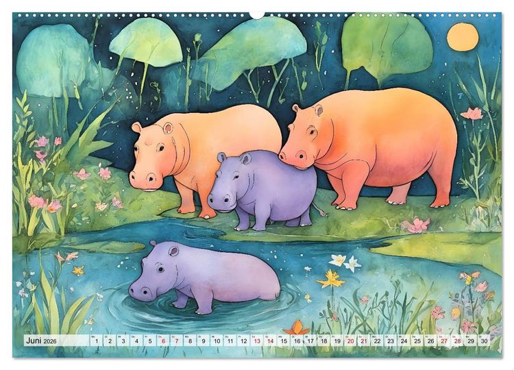 Produktbild: Hippos bekennen Farbe - kunterbunter Nilpferdspa&szlig; (Wandkalender 2026 DIN A2 quer), CALVENDO Monatskalender