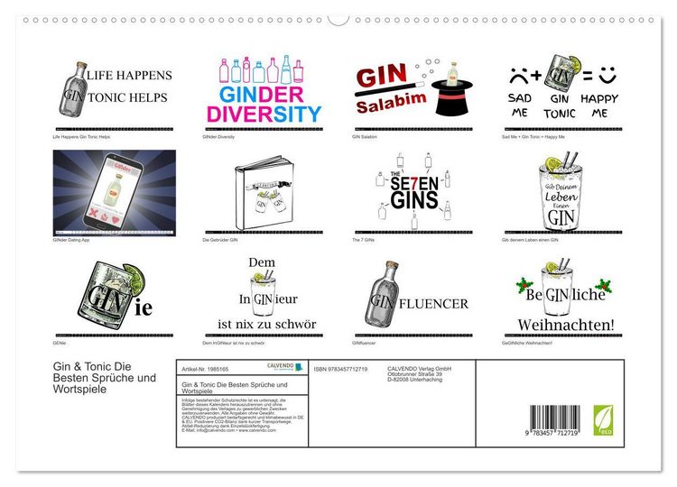 Produktbild: Gin & Tonic Die Besten Spr&uuml;che und Wortspiele (hochwertiger Premium Wandkalender 2026 DIN A2 quer), Kunstdruck in Hochglanz