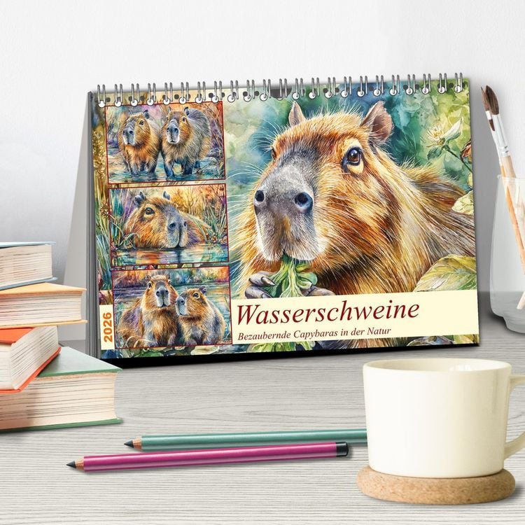 Produktbild: Wasserschweine. Bezaubernde Capybaras in der Natur (Tischkalender 2026 DIN A5 quer), CALVENDO Monatskalender