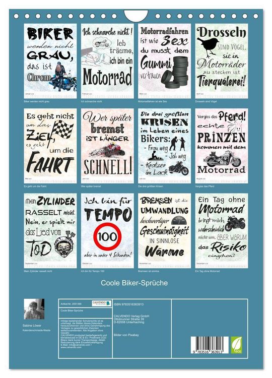 Produktbild: Coole Biker-Spr&uuml;che (Wandkalender 2026 DIN A4 hoch), CALVENDO Monatskalender