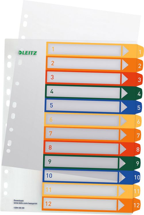 Produktbild: Leitz 12940000 Register DIN A4, Überbreite 1-12 Polypropylen Mehrfarbig 12 Registerblätter PC-beschriftbar 12940000