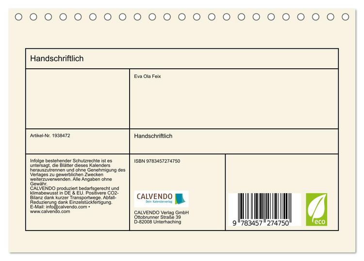 Produktbild: Handschriftlich (Tischkalender 2026 DIN A5 quer), CALVENDO Monatskalender