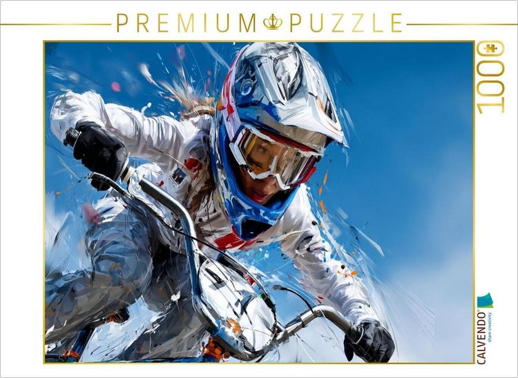 Produktbild: CALVENDO Puzzle BMX-Fahrerin in Aktion. Kraftvolles Sportmotiv im k&uuml;nstlerischen Stil | 1000 Teile Lege-Gr&ouml;&szlig;e 64x48cm Foto-Puzzle f&uuml;r gl&uuml;ckliche Stunden