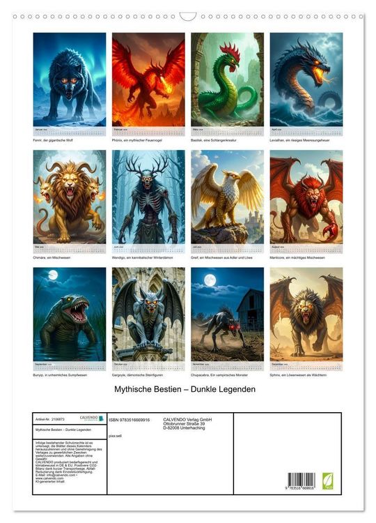 Produktbild: Mythische Bestien &ndash; Dunkle Legenden (Wandkalender 2026 DIN A2 hoch), CALVENDO Monatskalender