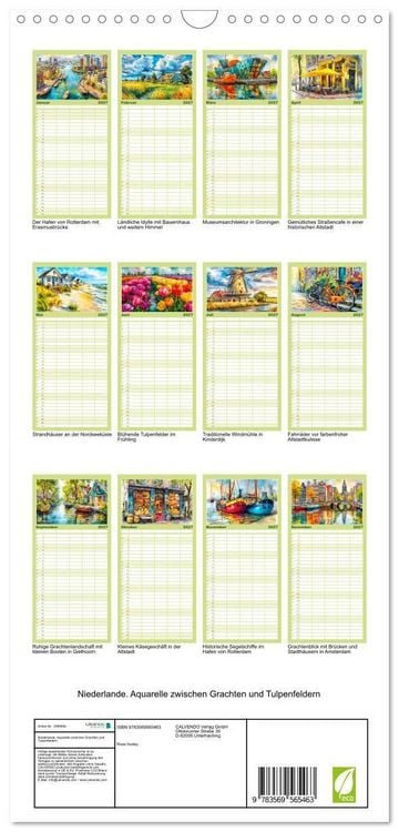 Produktbild: Familienplaner 2027 - Niederlande. Aquarelle zwischen Grachten und Tulpenfeldern mit 5 Spalten (Wandkalender, 21 x 45 cm) CALVENDO