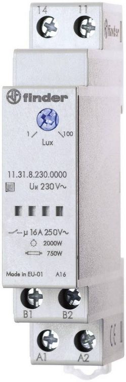 Produktbild: Finder D&auml;mmerungsschalter 1 St. 11.31.8.230.0000 Betriebsspannung:230 V/AC Empfindlichkeit Licht: 1 - 100 lx 1 Schlie&szlig;er