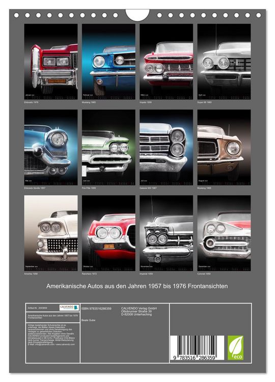 Produktbild: Amerikanische Autos aus den Jahren 1957 bis 1976 Frontansichten (Wandkalender 2026 DIN A4 hoch), CALVENDO Monatskalender