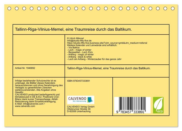 Produktbild: Tallinn-Riga-Vilnius-Memel, eine Traumreise durch das Baltikum. (Tischkalender 2026 DIN A5 quer), CALVENDO Monatskalender