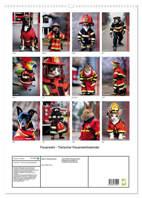 Produktbild: Feuerwehr - Tierischer Feuerwehrkalender (Wandkalender 2027 DIN A2 hoch), CALVENDO Monatskalender
