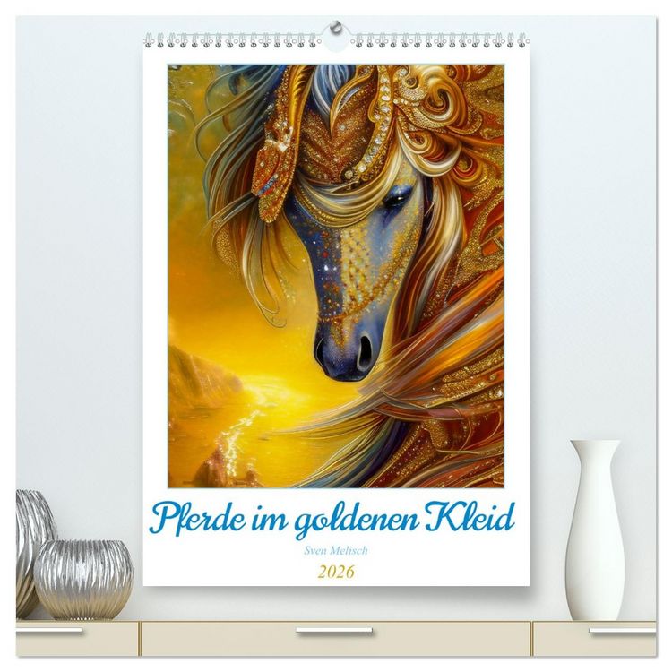 Produktbild: Pferde im goldenen Kleid (hochwertiger Premium Wandkalender 2026 DIN A2 hoch), Kunstdruck in Hochglanz