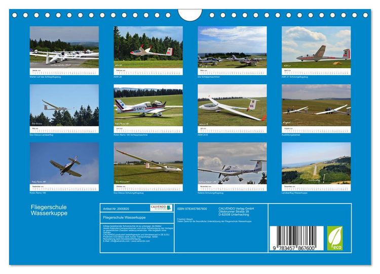 Produktbild: Fliegerschule Wasserkuppe (Wandkalender 2026 DIN A4 quer), CALVENDO Monatskalender