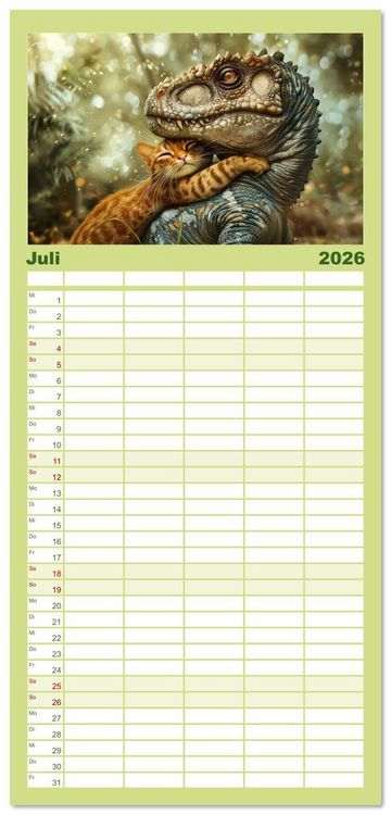 Produktbild: Familienplaner 2026 - Wie w&auml;re es mit einem Dinosaurier als Haustier? mit 5 Spalten (Wandkalender, 21 x 45 cm) CALVENDO