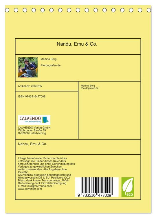 Produktbild: Nandu, Emu & Co. (Tischkalender 2026 DIN A5 hoch), CALVENDO Monatskalender