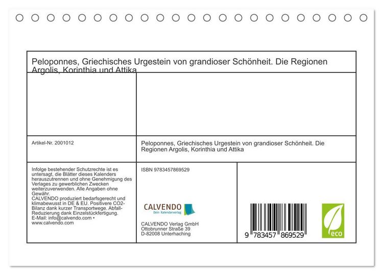 Produktbild: Peloponnes, Griechisches Urgestein von grandioser Sch&ouml;nheit. Die Regionen Argolis, Korinthia und Attika (Tischkalender 2026 DIN A5 quer), CALVENDO Monatskalender