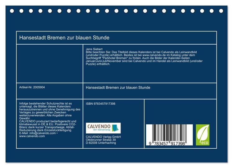 Produktbild: Hansestadt Bremen zur blauen Stunde (Tischkalender 2026 DIN A5 quer), CALVENDO Monatskalender