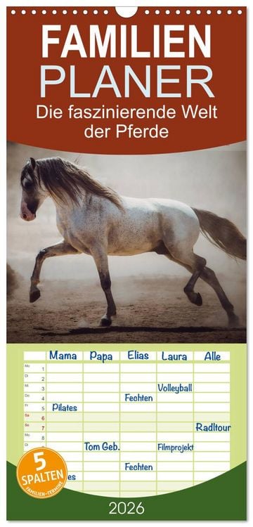 Produktbild: Familienplaner 2026 - Die Faszinierende Welt der Pferde mit 5 Spalten (Wandkalender, 21 x 45 cm) CALVENDO