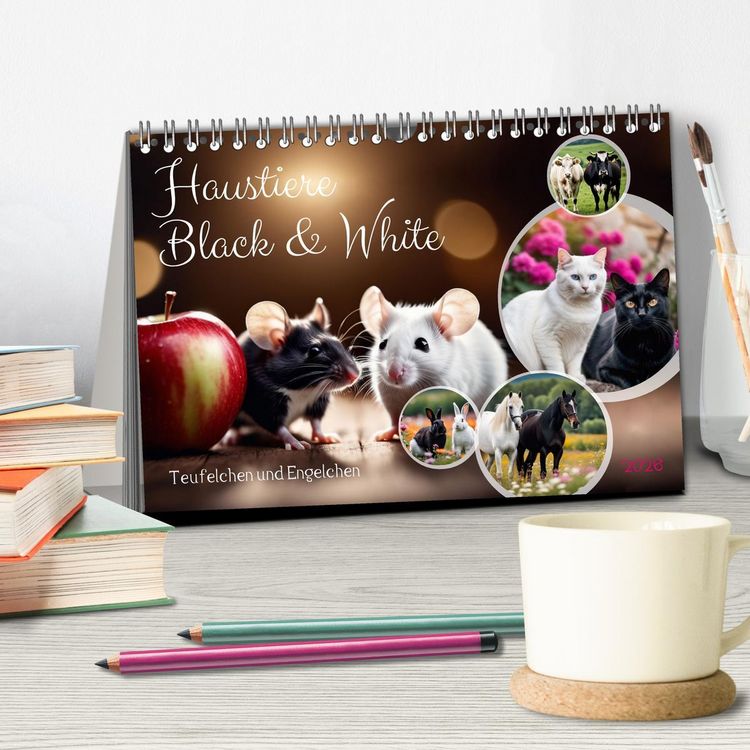 Produktbild: Haustiere - Black and White (Tischkalender 2026 DIN A5 quer), CALVENDO Monatskalender