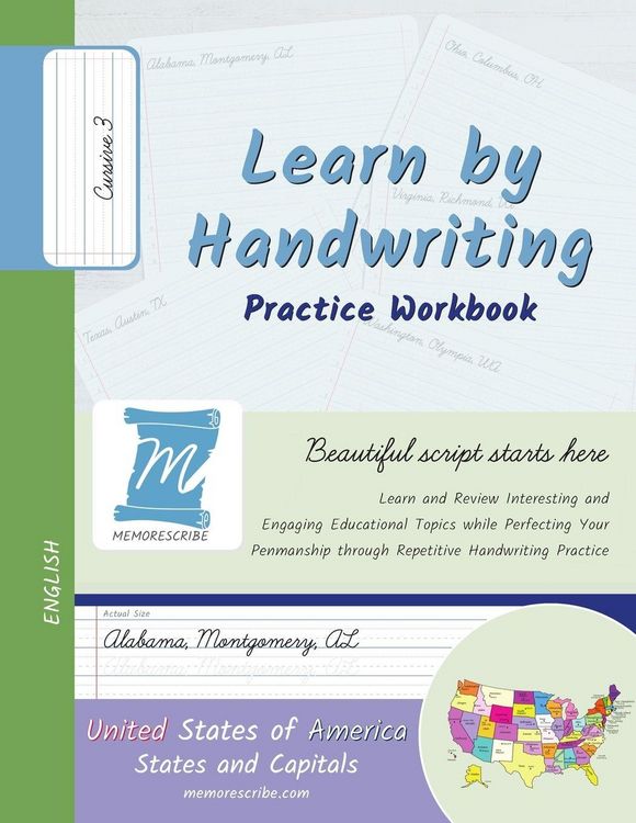 Produktbild: Handwriting Practice Workbook - United States of America, States and Capitals - Cursive, Level 3