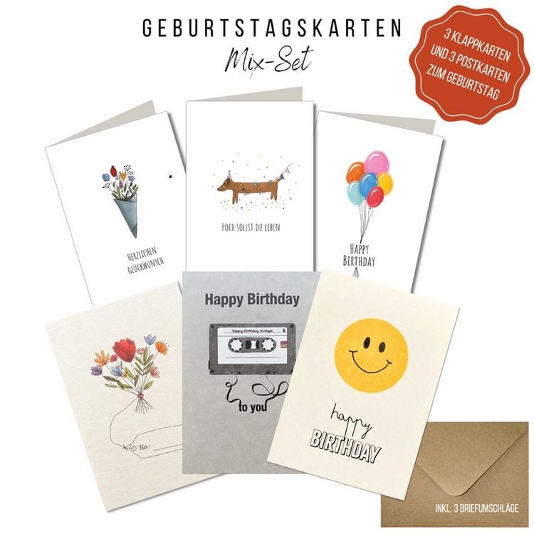 Produktbild: KEITCARDS Geburtstagskarten mixed Set - 3 Postkarten und 3 Klappkarten