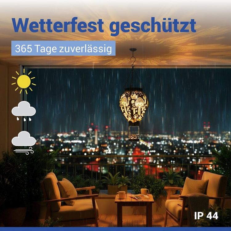 Produktbild: LED Solar-Hei&szlig;luftballon in Bronze-Optik, mit Pilzmuster-Lichtprojektion