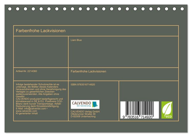 Produktbild: Farbenfrohe Lackvisionen (Tischkalender 2026 DIN A5 quer), CALVENDO Monatskalender