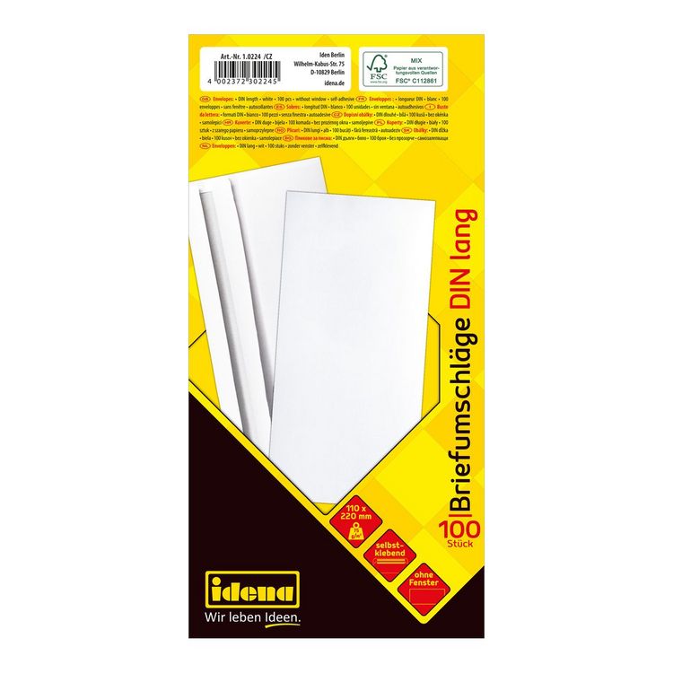 Produktbild: Idena Briefumschl&auml;ge 75g/m&sup2; selbstklebend ohne Fenster wei&szlig; DIN lang 100 St&uuml;ck