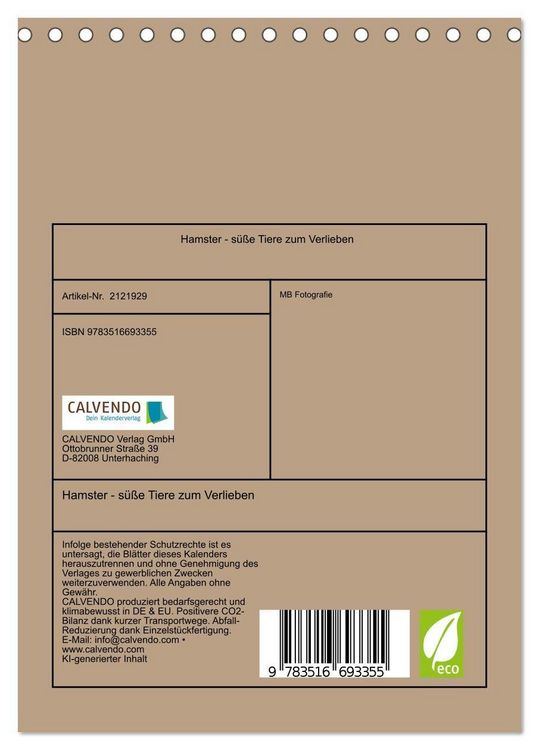 Produktbild: Hamster - s&uuml;&szlig;e Tiere zum Verlieben (Tischkalender 2026 DIN A5 hoch), CALVENDO Monatskalender