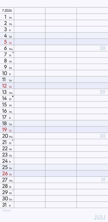 Planer für zwei 2026 mit 3 Spalten - Familien-Timer 22x45 cm - Offset-Papier - mit Ferienterminen - Wand-Planer - Familienkalender - Alpha Edition