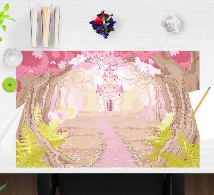 Produktbild: Cover-your-desk Schreibtischunterlage f&uuml;r Kinder und Erwachsene M&auml;rchenschloss im rosa Zauberwald, aus hochwertigem Vinyl , 60 x 40 cm